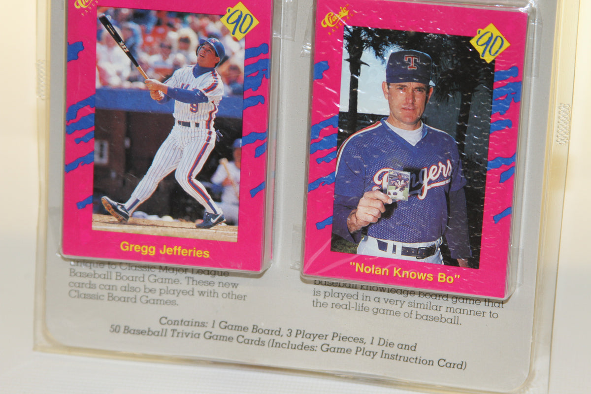 Closeup of Gregg Jefferies and Nolan Knows Bo trivia cards in board game package