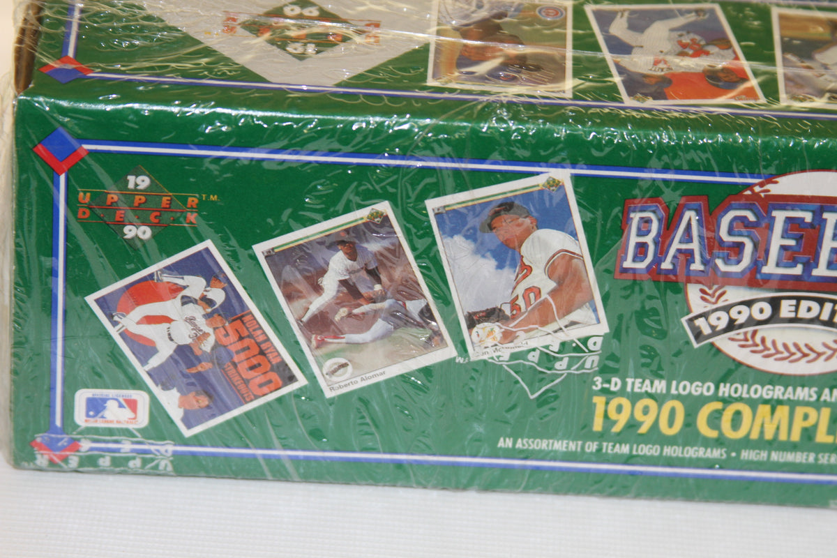 Close-up of 1990 Upper Deck box showing star cards and logos