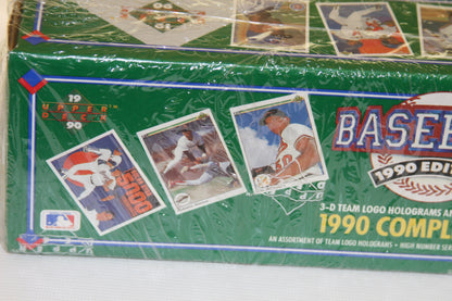 Close-up of 1990 Upper Deck box showing star cards and logos