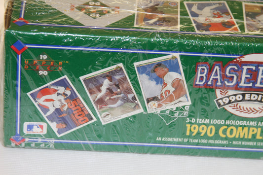 Close-up of 1990 Upper Deck box showing star cards and logos