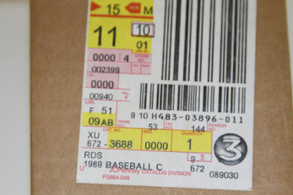 Close-up of label on 1989 Topps baseball cards box with barcode and catalog info