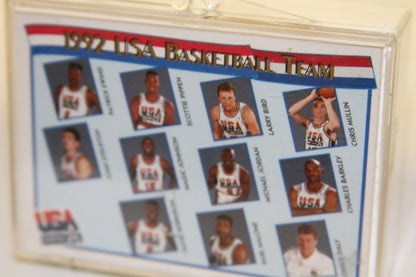 Close-up of 1992 USA Basketball Team member cards inside the case