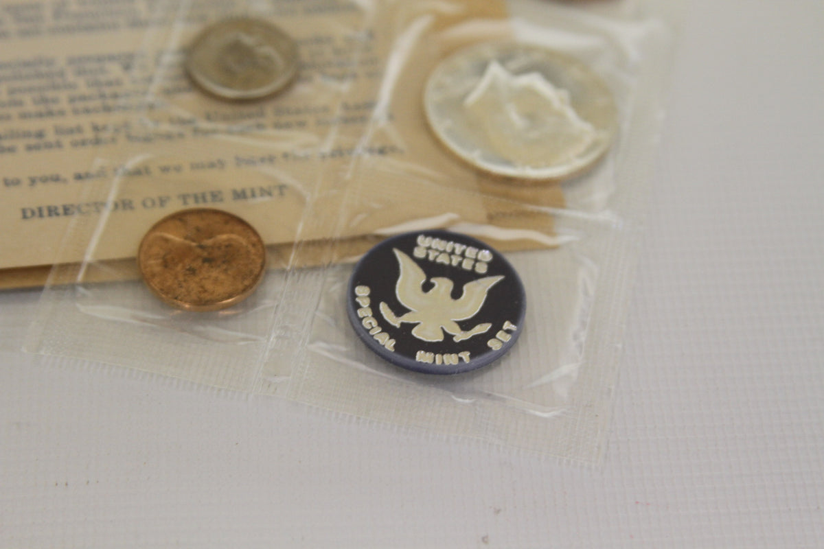 Close-up of United States Special Mint Set token and coins