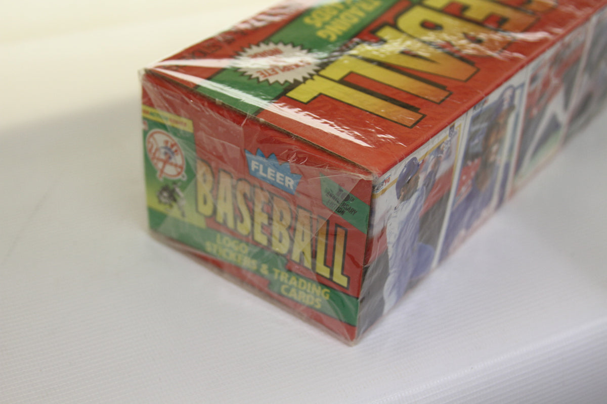 Side view of Fleer 1990 Baseball Card Box with bold text and images