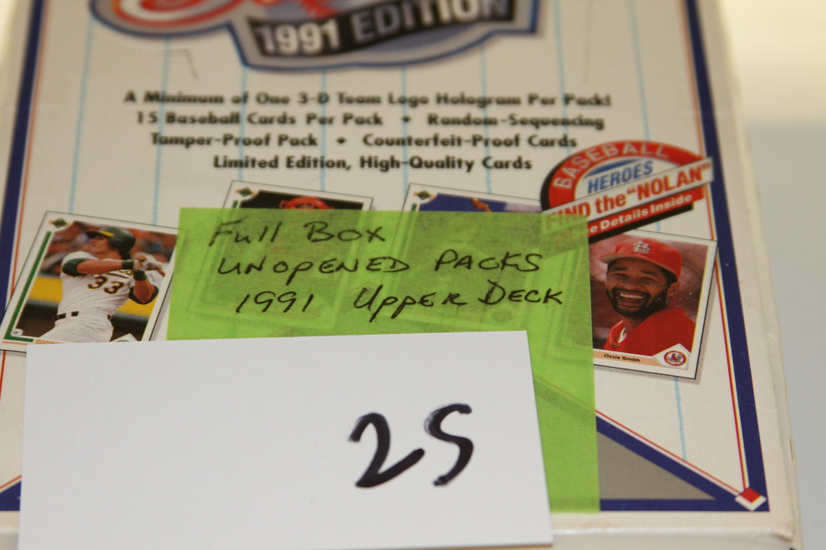 Top view showing full box unopened 1991 Upper Deck packs note