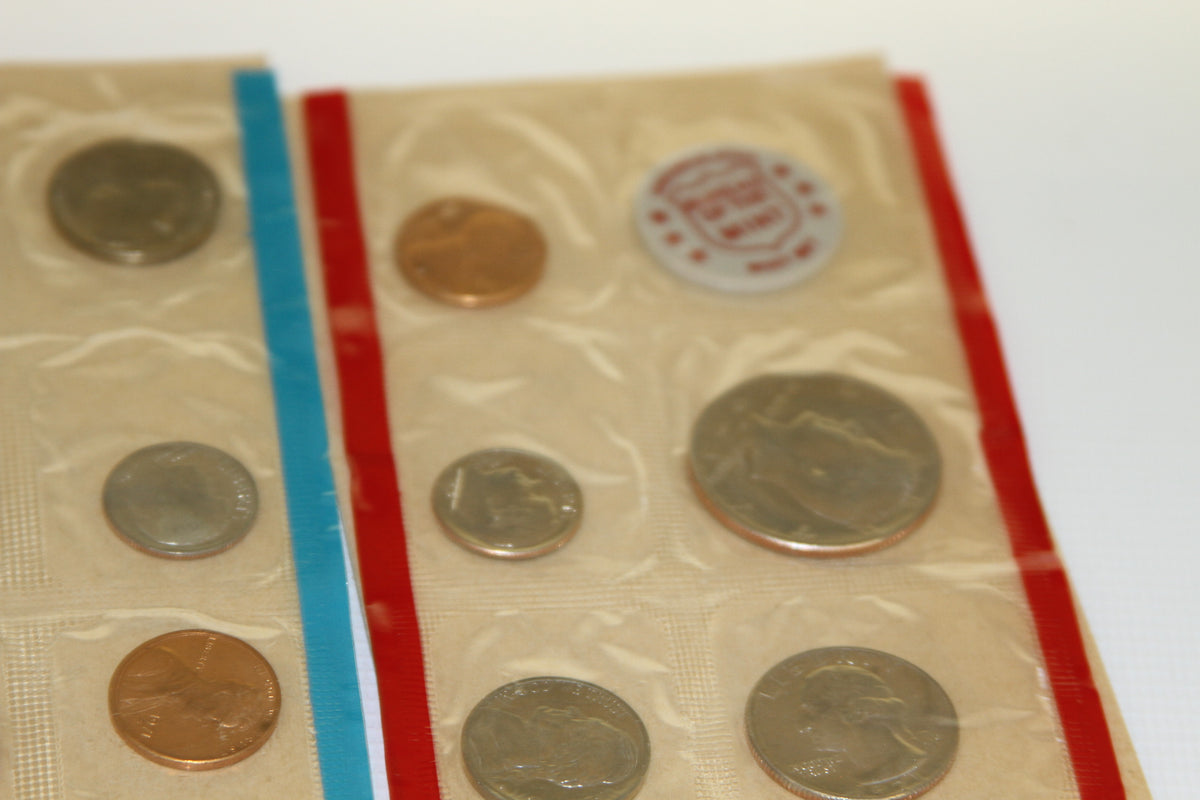 Close-up of coins in red-edged sealed pack from 1971 U.S. Mint set