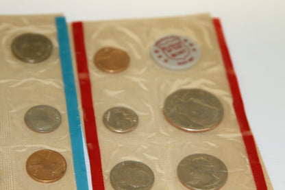 Close-up of coins in red-edged sealed pack from 1971 U.S. Mint set