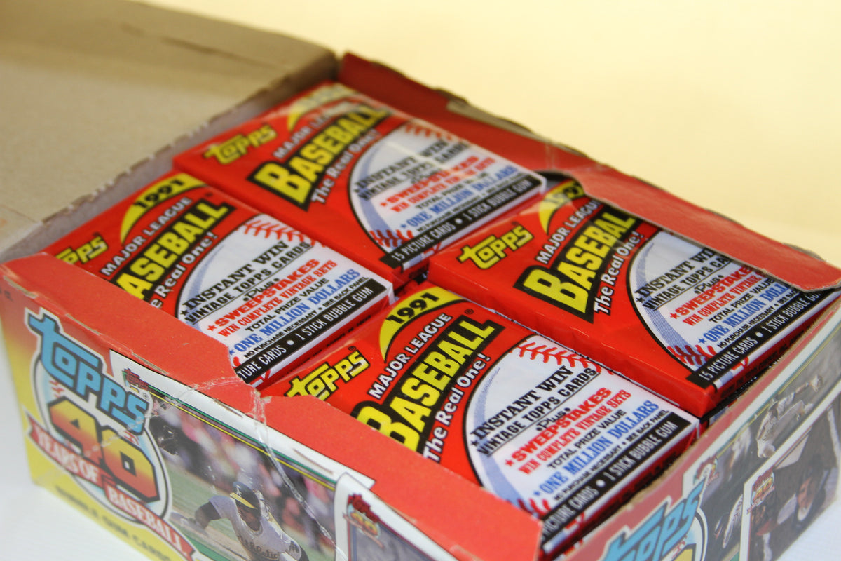 Opened 1991 Topps Baseball box revealing sealed packs inside