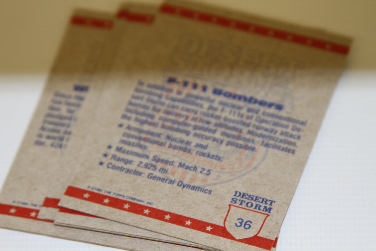 Back of 1991 Topps Desert Storm card with F-111 Bomber details