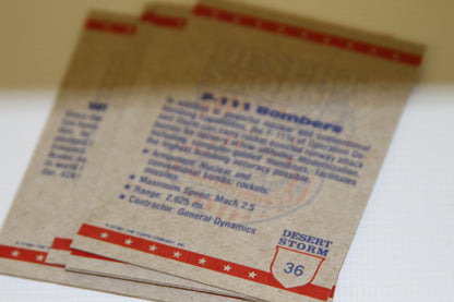 Back of 1991 Topps Desert Storm card with F-111 Bomber details