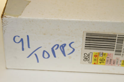 Corner view of 1991 Topps box showing Topps handwritten label and barcode