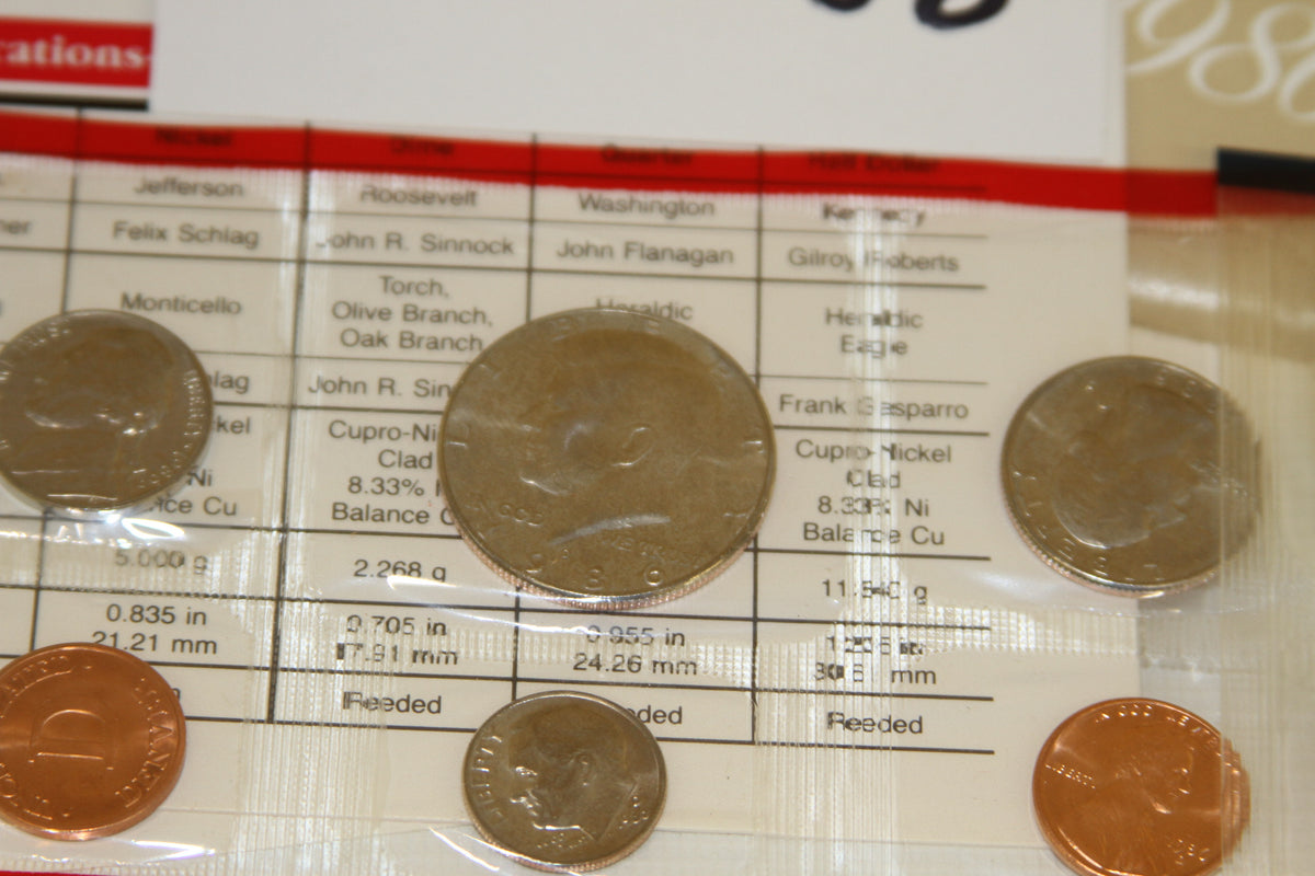 Detailed view of Kennedy half dollar and other coins from 1986 uncirculated set