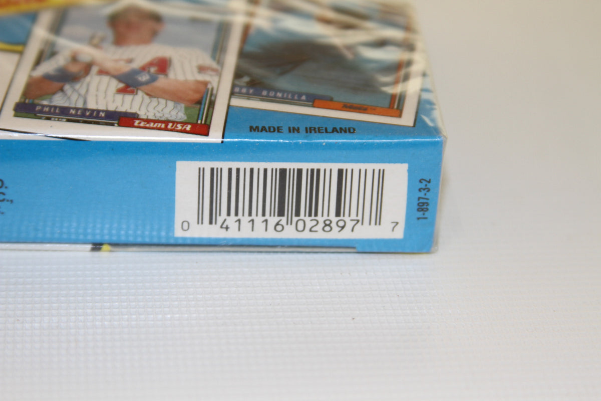 Close-up of barcode and card images on 1992 Topps Traded set box