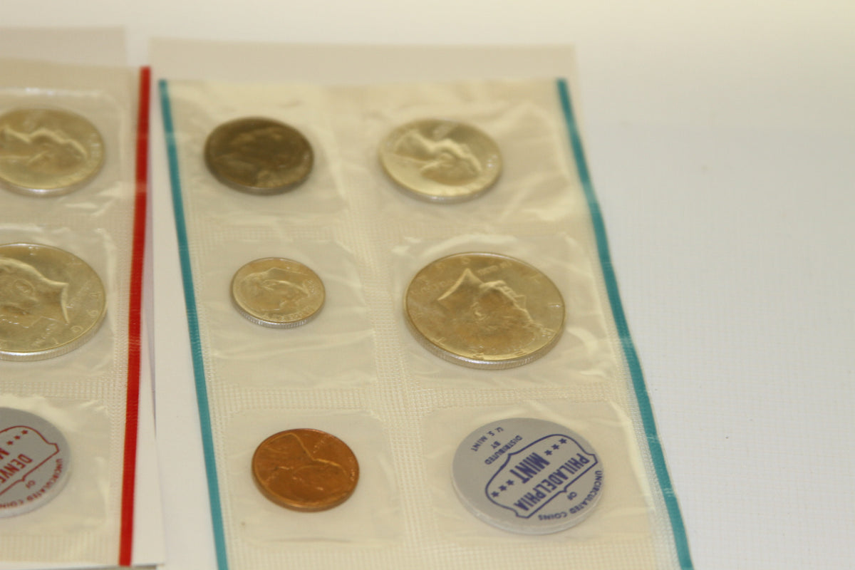 Closeup of 1964 Philadelphia Mint uncirculated coins in original packaging