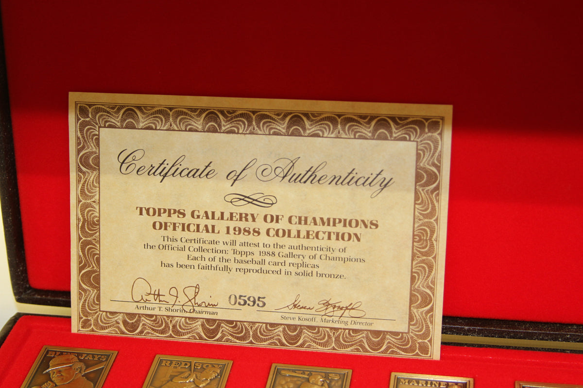Close view of Topps 1988 Gallery of Champions certificate of authenticity above bronze cards