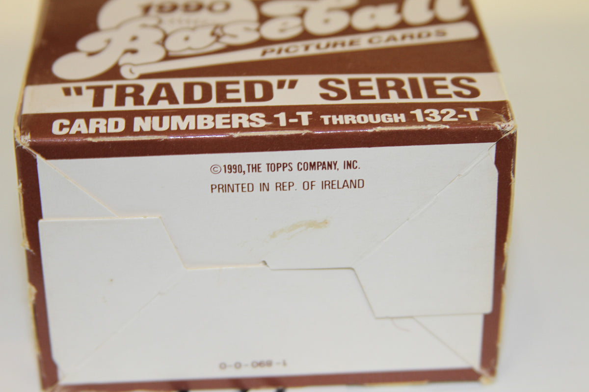 Close-up of 1990 Topps Traded Series box bottom with Ireland printing
