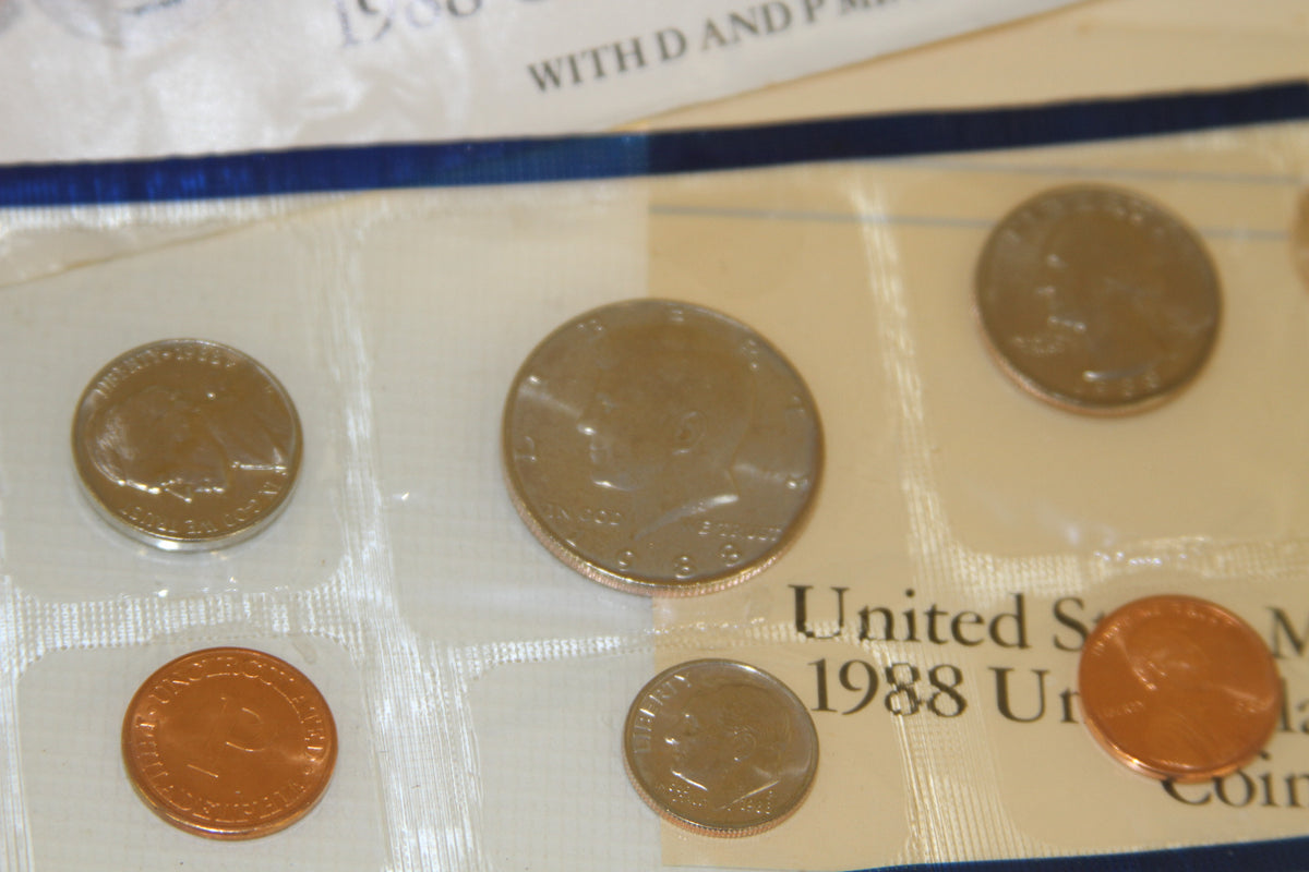 Detailed shot of 1988 US Mint uncirculated coins in original packaging