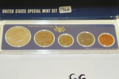 Close-up of 1966 Special Mint Set coins in protective display holder
