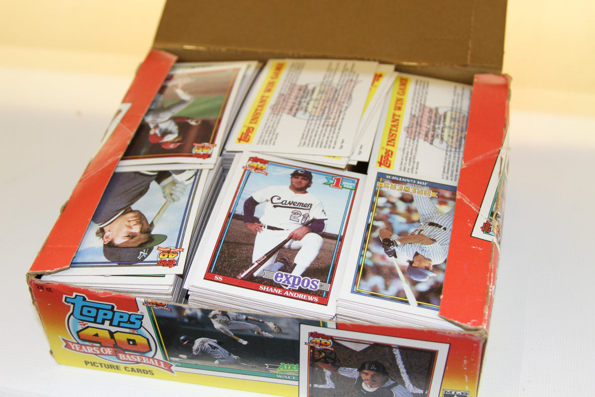 Open 1991 Topps Baseball box showing stacks of trading cards