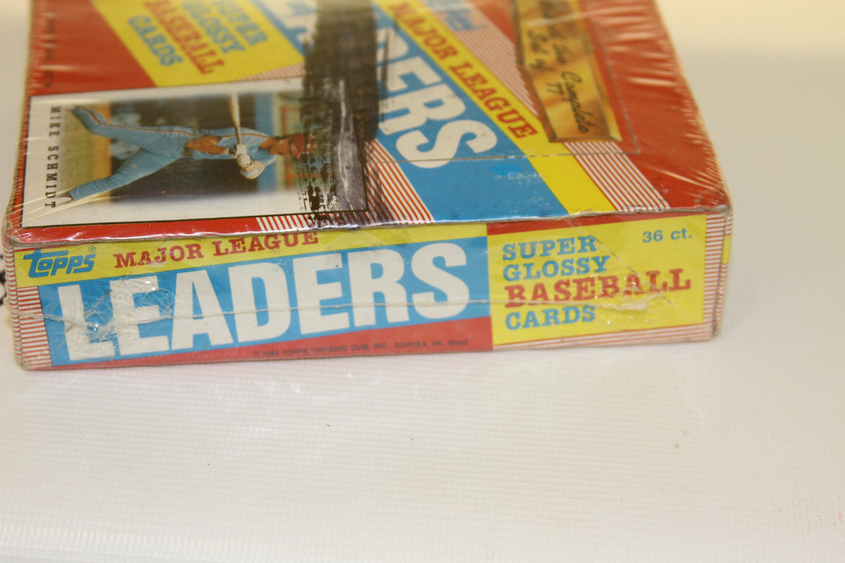 Side view of Topps Major League Leaders baseball cards box showing 36 count and logo