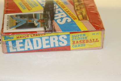 Side view of Topps Major League Leaders baseball cards box showing 36 count and logo