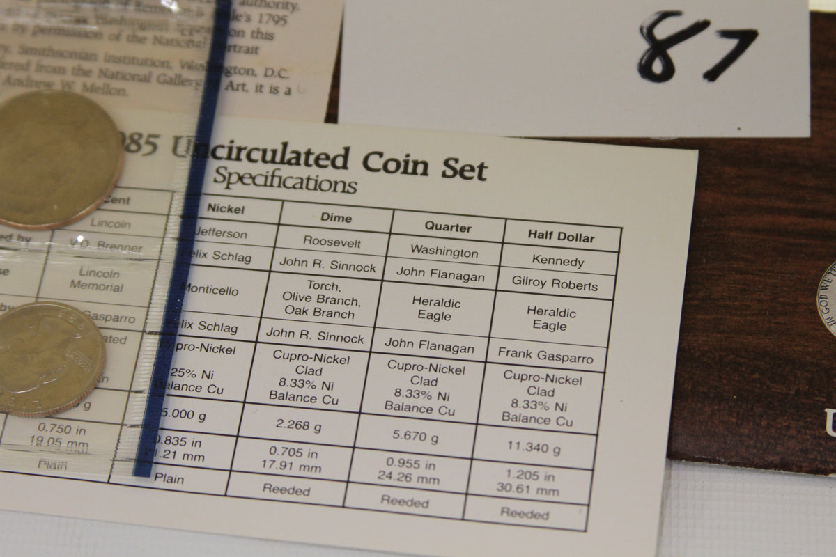 Specifications card for 1985 Uncirculated Coin Set with coin details