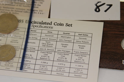 Specifications card for 1985 Uncirculated Coin Set with coin details