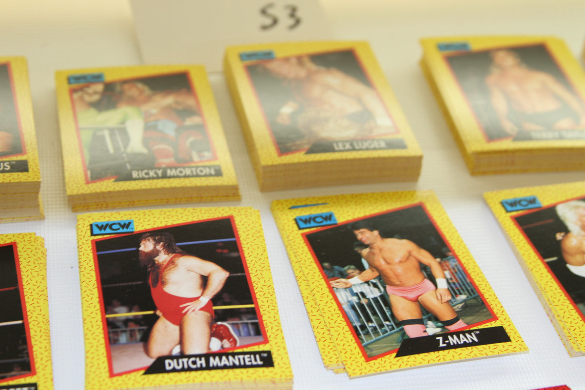 WCW Ricky Morton and Lex Luger trading card stacks with checklist card S3