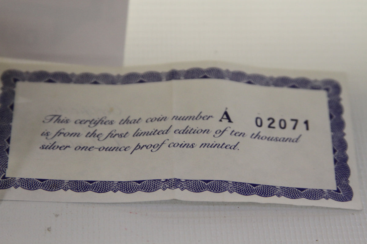 Certificate for 1989 Silver American Eagle coin number A02071, limited edition