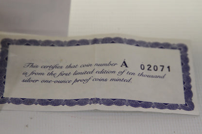 Certificate for 1989 Silver American Eagle coin number A02071, limited edition