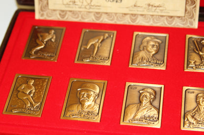 Close-up of Topps 1989 bronze baseball card replicas featuring players and teams