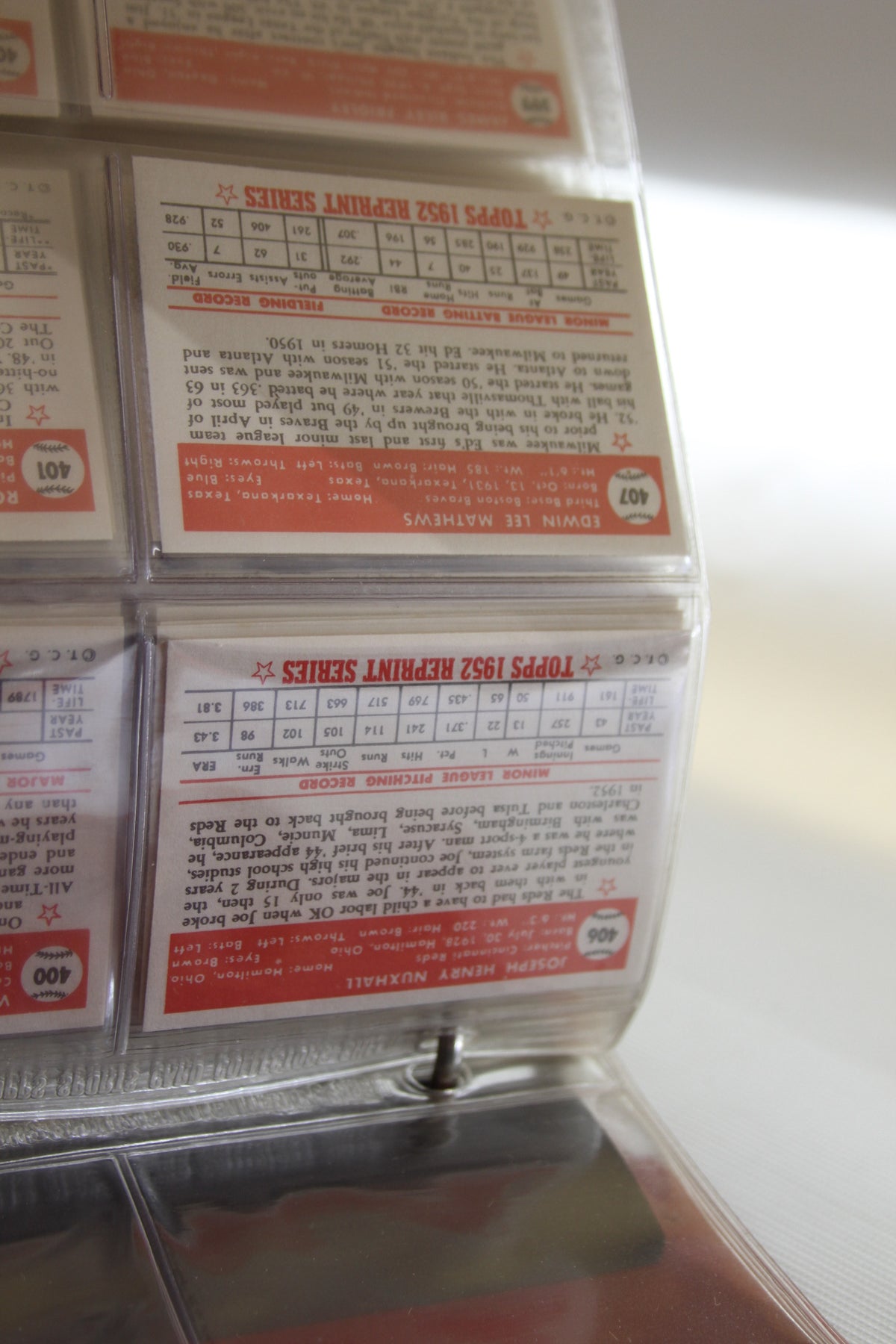 Detail of Topps 1952 Reprint Series card backs in clear sheet