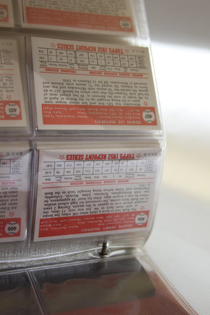 Detail of Topps 1952 Reprint Series card backs in clear sheet