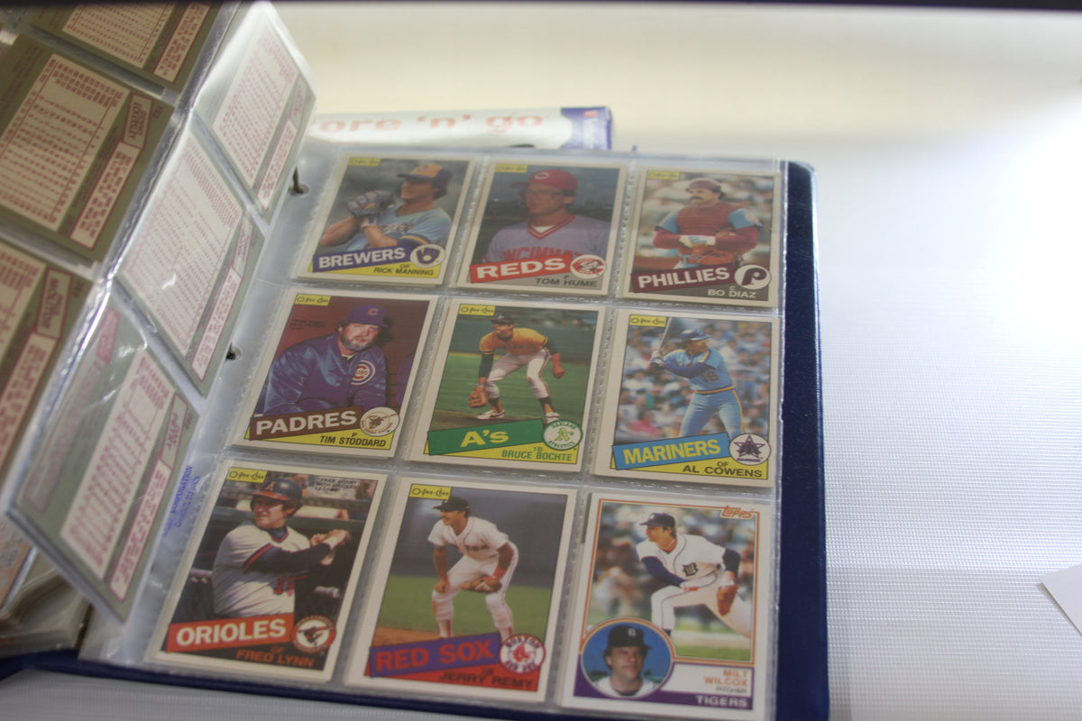 Binder page showing O-Pee-Chee and Topps baseball cards, including Rick Manning and Bo Diaz