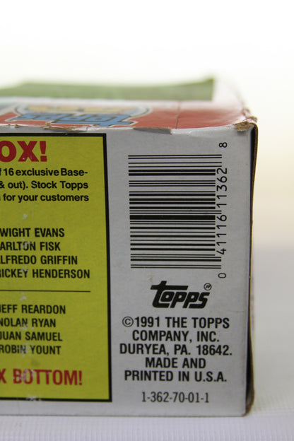 Side panel of 1991 Topps Baseball box showing barcode and manufacturer information