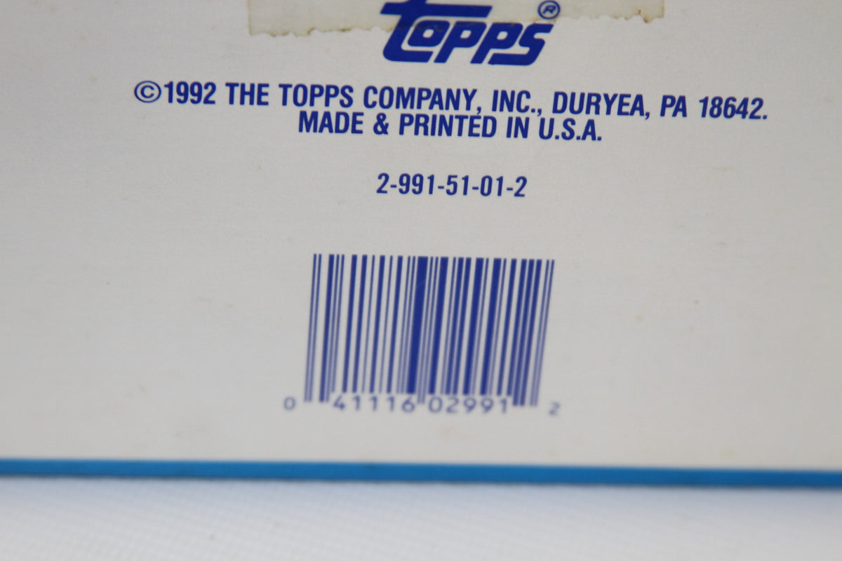 Close-up of barcode and manufacturer info on 1992 Topps Hockey Cards box