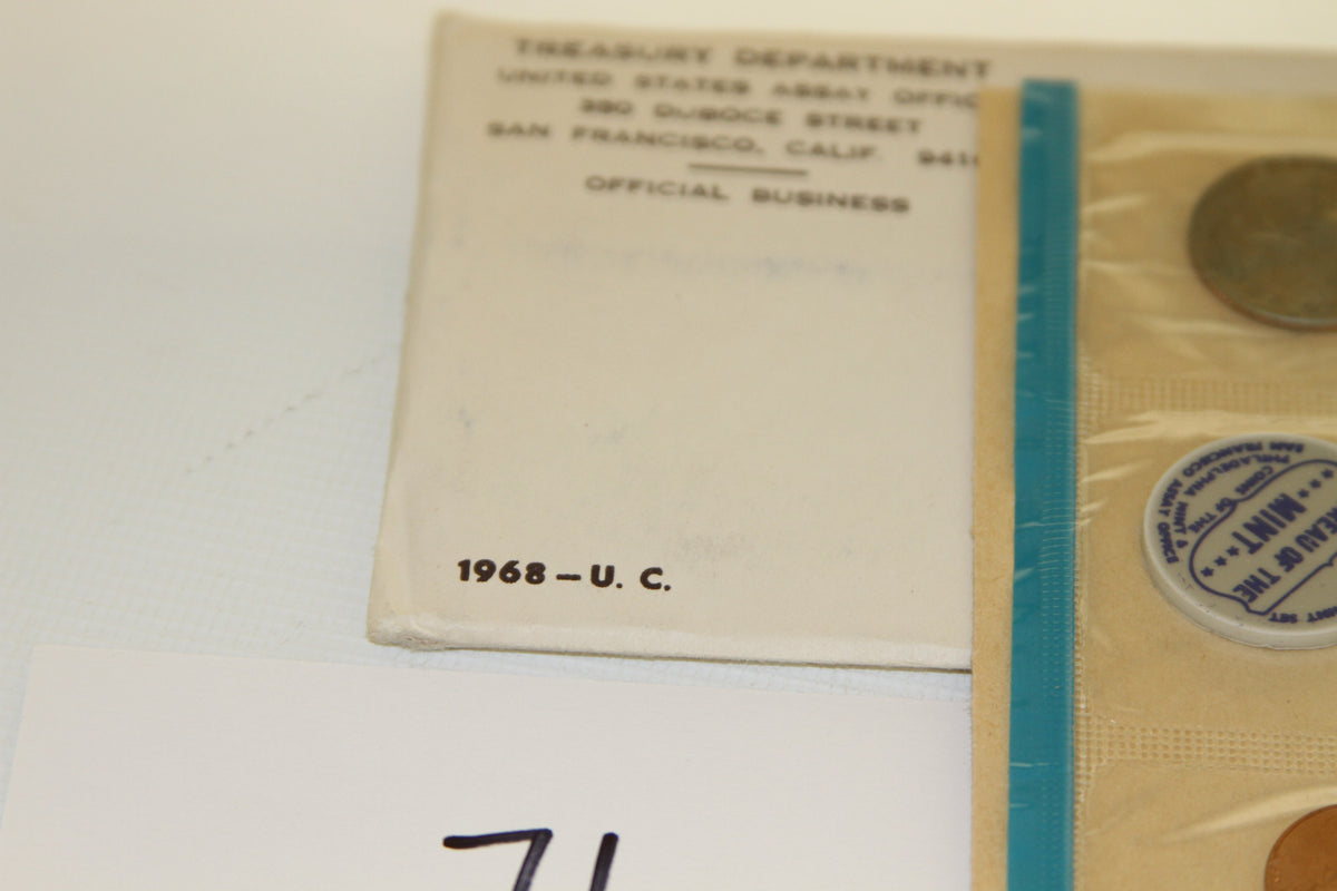 1968 Treasury Department envelope for US Mint coin set with partial view of coins