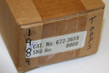 Corner of box with handwritten 1989 and Topps plus catalog sticker