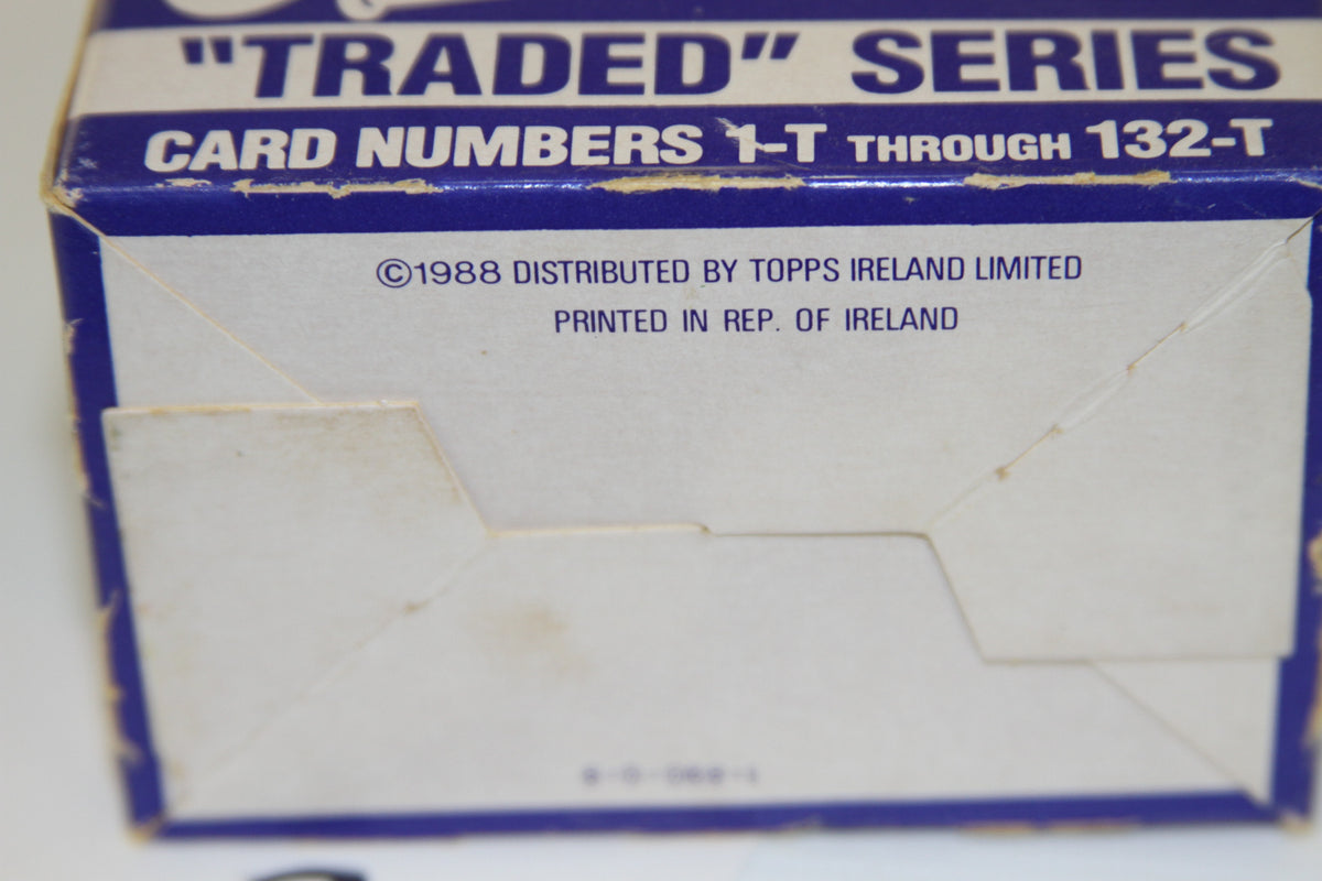 Back of 1988 Topps Baseball Traded Series box printed in Ireland