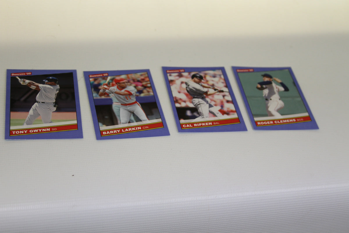 Donruss '20 baseball cards of Tony Gwynn, Barry Larkin, Cal Ripken, and Roger Clemens