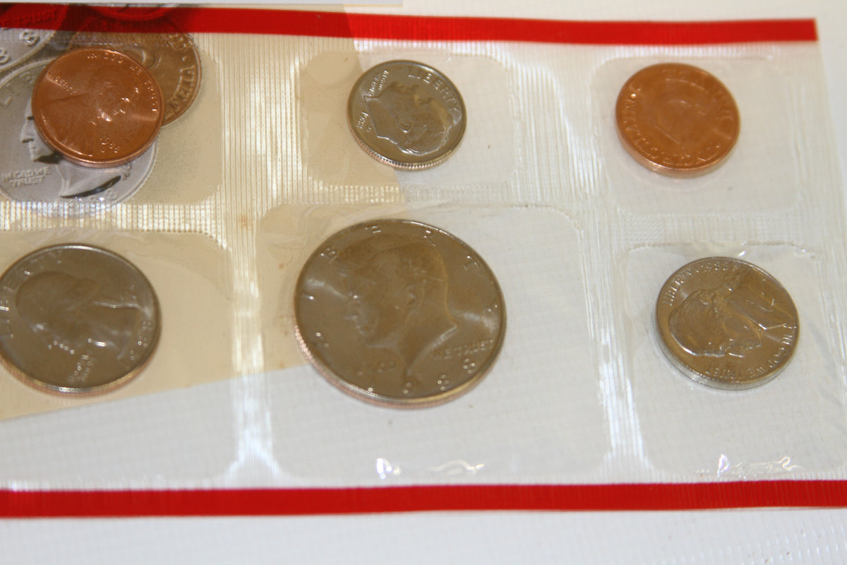 Close-up of uncirculated coins in plastic packaging from the 1988 set