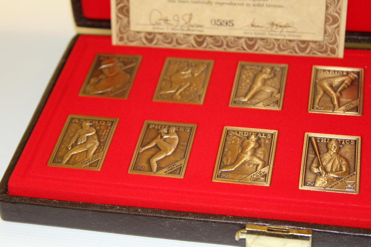 Detail of Topps 1988 bronze baseball cards in red velvet case