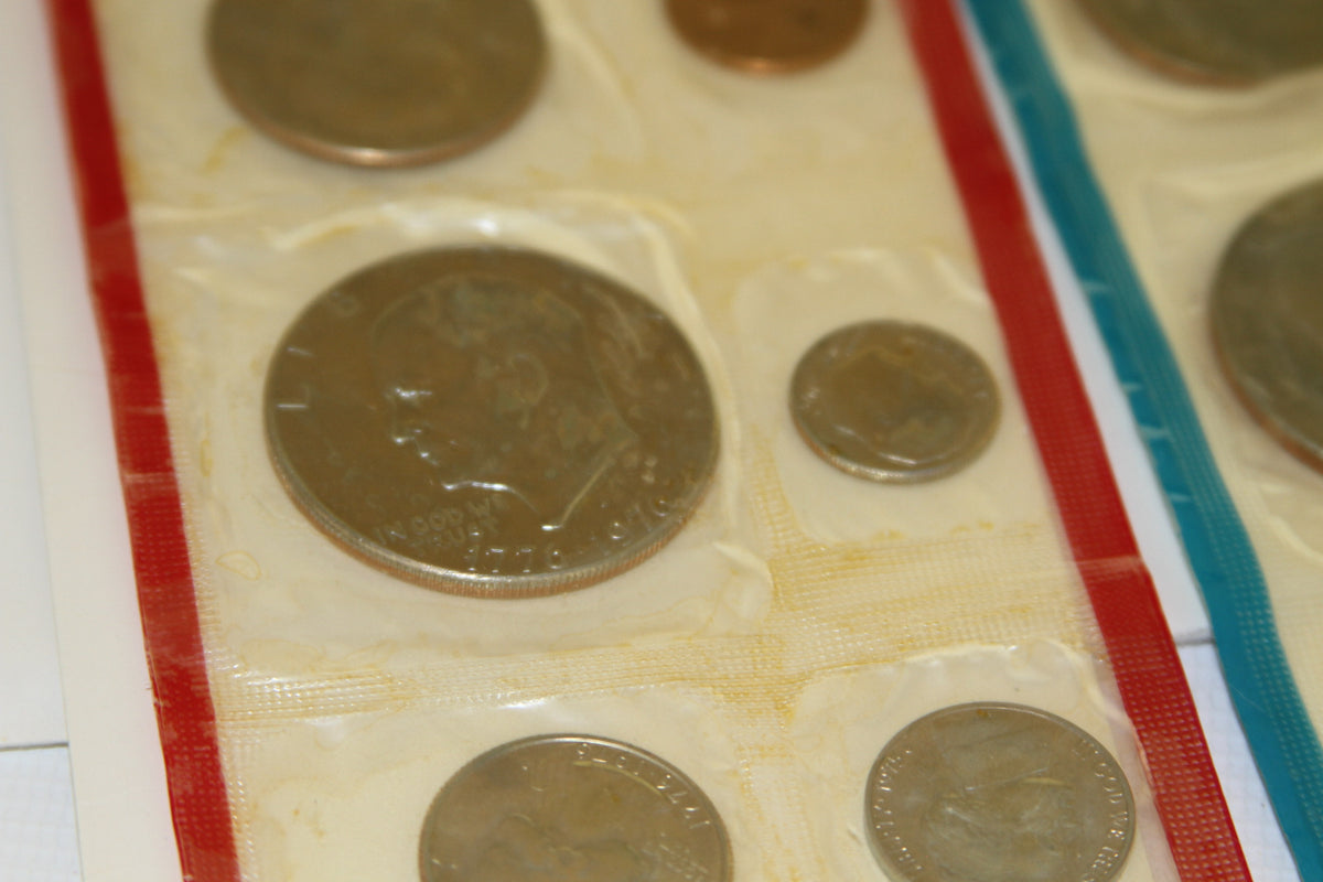 Detailed view of coins within original sealed plastic from 1975 U.S. Mint Set