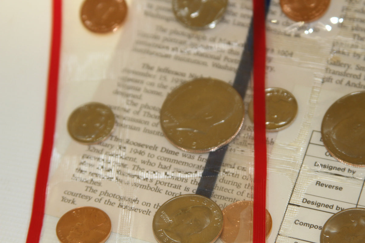 Detail view of uncirculated US coins in original mint packaging