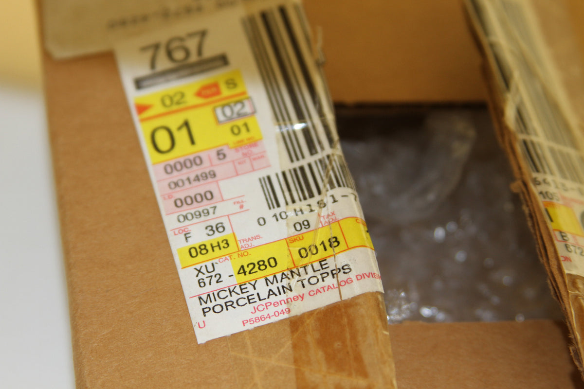 Shipping box label showing 'Mickey Mantle Porcelain Topps' details
