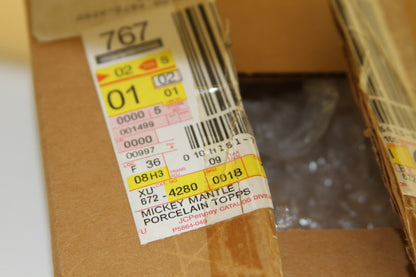 Shipping box label showing 'Mickey Mantle Porcelain Topps' details