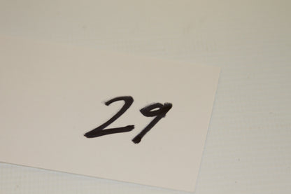 Handwritten number 29 on a white card