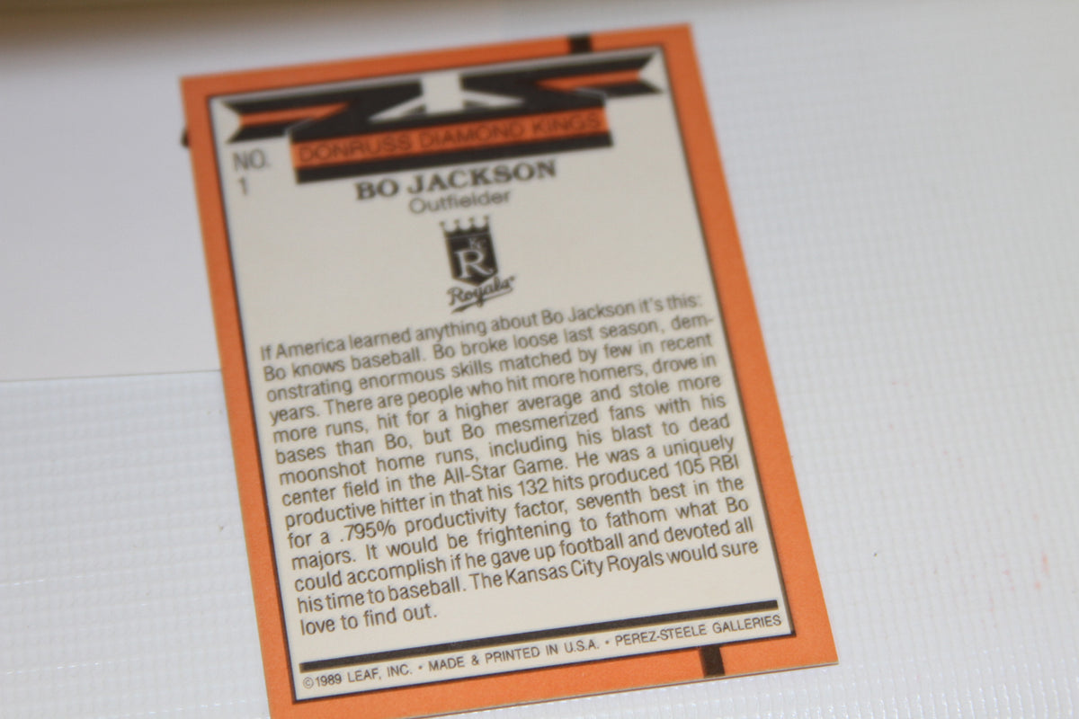 Back of Bo Jackson Donruss Diamond Kings 1990 baseball card with stats and bio