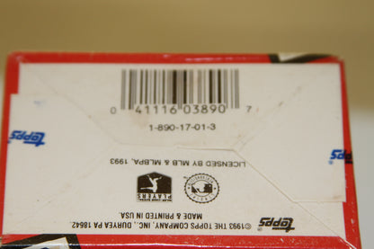 Bottom of 1993 Topps Traded Baseball Card Box with barcode and licensing info