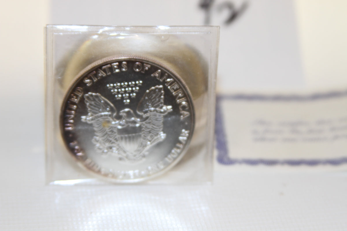 Reverse side of 1989 Silver American Eagle proof coin in plastic holder with background details